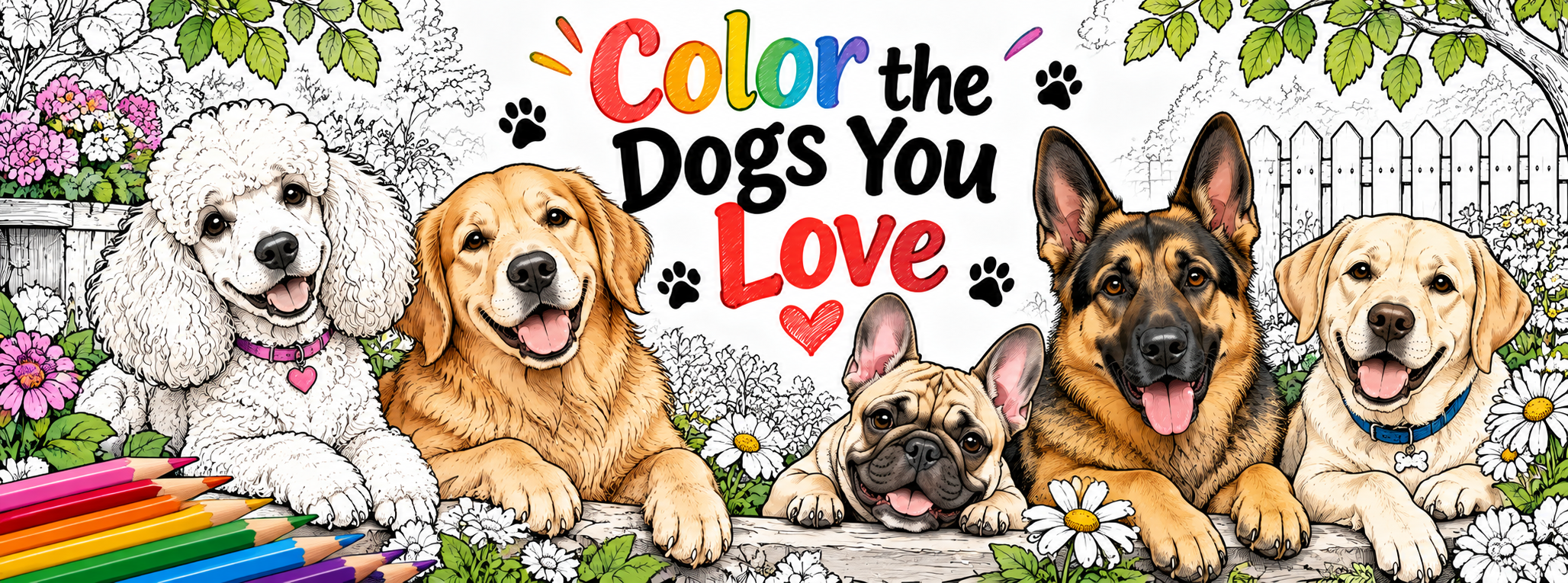 Color the Dogs You Love — poodle, golden retriever, French bulldog, German shepherd, and Labrador surrounded by flowers and coloring pencils.