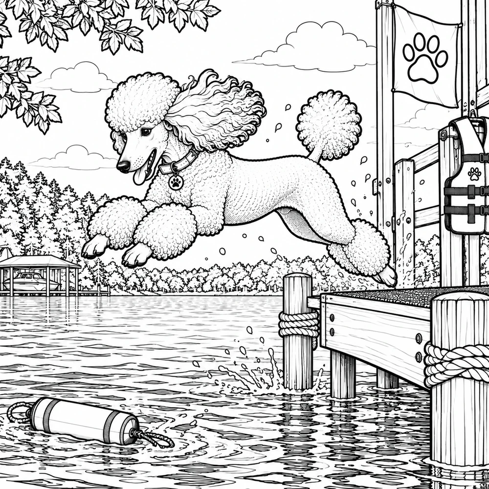 A poodle leaps from a wooden dock toward a floating bumper on a lake, in black-and-white coloring-book line art.