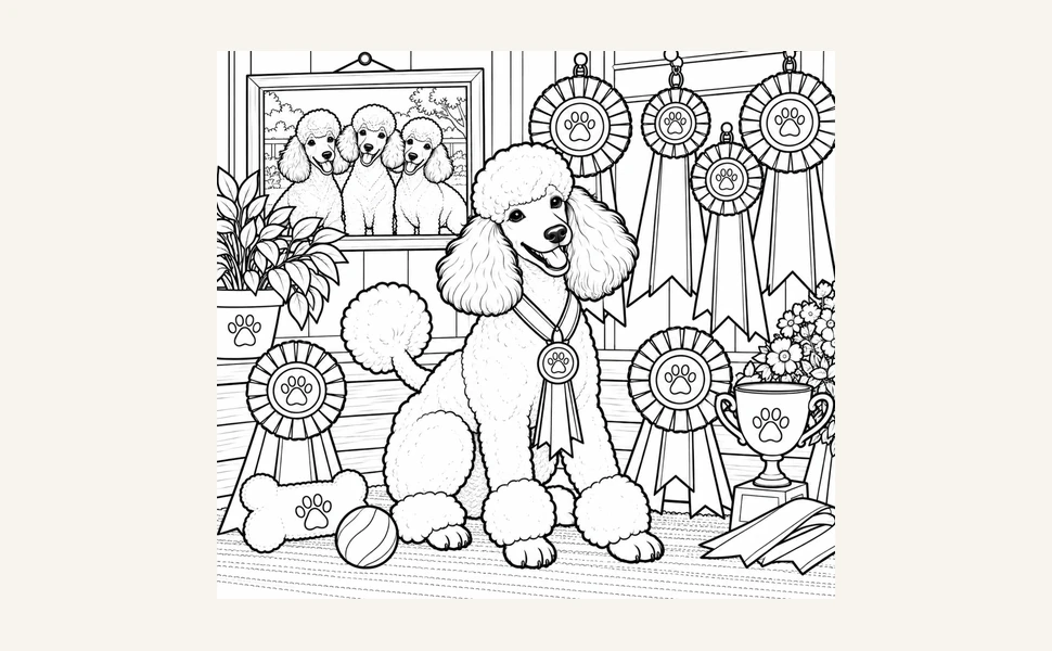 A poodle wearing a ribbon sits among award rosettes and a trophy, with a framed picture of three poodles behind her. Black-and-white line art on a warm neutral background.