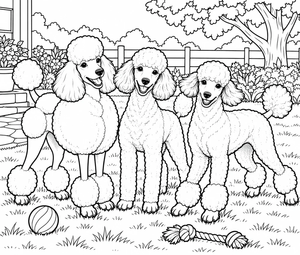 Three poodles with different grooming styles stand in a garden beside a ball and rope toy, in black-and-white coloring-book line art.